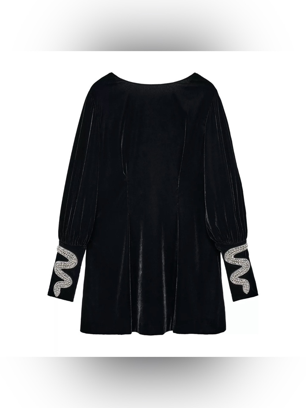 Zara Black Velvet Long-Sleeve Dress with Crystal Cuff Detail